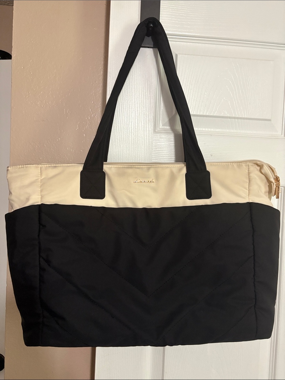 Stylish Black and Cream Quilted Tote with Shoulder Straps